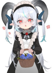 Rule 34 | 1girl, :o, absurdres, aqua hair, black dress, blueberry, dress, fang, food, fruit, gradient eyes, highres, horns, kele mimi, looking at viewer, multicolored eyes, multicolored hair, original, pointy ears, red eyes, sheep horns, simple background, skin fang, solo, streaked hair, upper body, white background, white hair