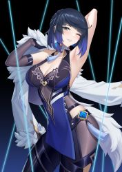 Rule 34 | 1girl, arm behind head, arm up, armpits, bead choker, black background, black gloves, black hair, blue background, blue hair, breasts, chinese clothes, choker, cleavage, coat, contrapposto, covered navel, detached sleeves, diagonal bangs, dice, fur-trimmed coat, fur coat, fur trim, genshin impact, gloves, gradient background, green eyes, highres, hip vent, holding, holding clothes, holding coat, kurosara, large breasts, lights, lips, looking at viewer, one eye closed, parted lips, short hair, solo, tassel, vision (genshin impact), yelan (genshin impact)
