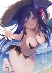 Rule 34 | 1girl, :d, ahoge, animal ear fluff, animal ears, arm up, armpits, bare arms, bare shoulders, barefoot, beach, bikini, black bikini, black choker, blue hair, breasts, cameltoe, cat ears, cat girl, cat tail, choker, cleavage, collarbone, flower, hair flower, hair ornament, hat, hibiscus, highres, leaning forward, leg up, long hair, looking at viewer, medium breasts, melonbooks, micro bikini, navel, ocean, one side up, open mouth, outstretched arm, purple eyes, purple flower, side-tie bikini bottom, smile, solo, standing, standing on one leg, straw hat, swimsuit, tail, very long hair, water, yoruneko