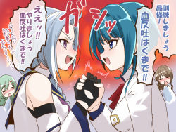 Rule 34 | 4girls, :d, :o, = =, ^^^, ahoge, aizawa kazuha, arm at side, assault lily, black gloves, blue eyes, blue hair, blue sailor collar, blush, bow, bowtie, braid, braided ponytail, breasts, brown hair, chibi, chibi inset, commentary, crying, crying with eyes open, detached sleeves, eye contact, face-to-face, from side, gloves, gradient background, green hair, grey background, grey hair, hair ornament, hair over shoulder, hairclip, hand up, handshake, herensuge girls academy school uniform, highres, igusa subaru, iijima renka, jacket, kawabata hotaru, long hair, long sleeves, looking at another, low ponytail, medium breasts, medium hair, multiple girls, neckerchief, nose blush, open mouth, parted bangs, profile, purple eyes, purple neckerchief, raised eyebrows, red background, red bow, red bowtie, sailor collar, school uniform, serafuku, side ponytail, single braid, smile, speech bubble, streaming tears, swept bangs, tears, teeth, translated, upper body, upper teeth only, urutsu sahari, v-shaped eyebrows, white jacket, wide sleeves