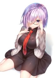 Rule 34 | 1girl, black-framed eyewear, dress, fate/grand order, fate (series), from above, glasses, hair over one eye, highres, mash kyrielight, necktie, ntk (7t5), purple eyes, purple hair, red necktie, short hair, simple background, sitting, solo, thighs, wariza, white background