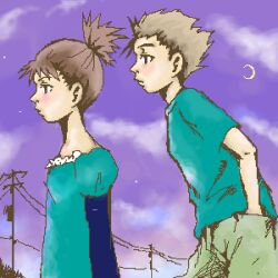 Rule 34 | 1boy, 1girl, akiyama ryo, brown hair, couple, digimon, looking at another, makino ruki, sky