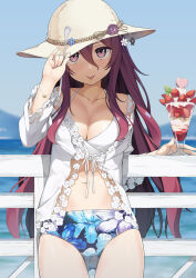 Rule 34 | 1girl, :p, bikini, blue sky, breasts, character request, cinderella series, cleavage, collarbone, commentary request, food, fruit, hachigatsu no cinderella nine, halterneck, hat, highres, holding, holding spoon, long hair, medium breasts, navel, ocean, outdoors, parfait, pink eyes, purple hair, railing, sky, smile, solo, spoon, strawberry, sunlight, swimsuit, tongue, tongue out, tsubure manjuu, water