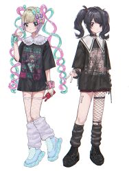 Rule 34 | 2girls, ame-chan (needy girl overdose), asymmetrical legwear, bandages, black hair, black shirt, blonde hair, blue eyes, blue hair, bow, choker, chouzetsusaikawa tenshi-chan, commentary, decora, fishnets, full body, hair bow, hair ornament, heart, highres, holding, jewelry, long hair, looking at viewer, loose socks, multicolored hair, multiple girls, nail polish, needy girl overdose, phone, pink hair, quad tails, ribbon, shirt, shoes, simple background, skirt, socks, standing, symbol-only commentary, tamotsu (mary), thighhighs, twintails, white background