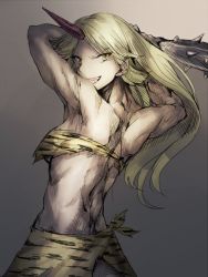 Rule 34 | 1girl, alternate costume, animal print, armpits, arms up, back, blonde hair, bra, club, club (weapon), excalibur (mythology), fang, geppewi, grey background, horns, hoshiguma yuugi, kanabou, long hair, looking at viewer, muscular, oni, simple background, single horn, skirt, smile, solo, spiked club, tiger print, touhou, underwear, weapon, yellow eyes
