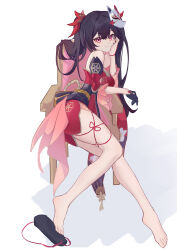 Rule 34 | 1girl, absurdres, bare legs, barefoot, black gloves, black hair, black sash, commentary request, detached sleeves, dress, facial mark, fox mask, gloves, highres, honkai: star rail, honkai (series), long hair, looking at viewer, mask, obi, pink eyes, red dress, sash, short sleeves, simple background, smile, solo, sparkle (honkai: star rail), thighs, twintails, white background, zaoshang yibei qing gan puer