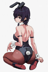 Rule 34 | 1girl, animal ears, armband, ass, backless leotard, black bow, black bowtie, black eyes, black footwear, black hair, black leotard, black pantyhose, bow, bowtie, breasts, bright pupils, chainsaw man, closed mouth, colored shoe soles, commentary, detached collar, expressionless, eyepatch, fake animal ears, fake tail, film grain, from behind, high heels, highres, himeno (chainsaw man), leotard, looking at viewer, medium breasts, one eye covered, pantyhose, playboy bunny, rabbit ears, rabbit tail, seiza, shiren (ourboy83), shoe soles, simple background, sitting, solo, strapless, strapless leotard, tail, white background, white pupils, wrist cuffs