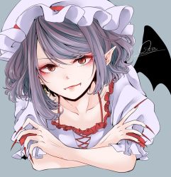 Rule 34 | 1girl, alternate hairstyle, artist name, bad id, bad pixiv id, collarbone, commentary request, crossed arms, fangs, fingernails, grey background, hair between eyes, hat, looking at viewer, mob cap, pointy ears, remilia scarlet, sharp fingernails, short sleeves, simple background, slit pupils, solo, souta (karasu no ouchi), touhou, vampire