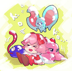 Rule 34 | &gt; &lt;, 2girls, animal ears, blue skin, blush stickers, chiimako, chuchu (kirby), closed eyes, colored skin, cream, cream on face, elfilin, fairy, fairy wings, food, food on face, gooey (kirby), kirby&#039;s dream buffet, kirby (series), mouse ears, multiple girls, nintendo, notched ear, open mouth, pink hair, pink skin, red ribbon, ribbon, ribbon (kirby), sitting, tongue, tongue out, wings
