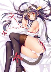 Rule 34 | 10s, 1girl, animal ears, ass, bad id, bad pixiv id, baltika, bare shoulders, black hair, boots, breasts, cat ears, cat tail, detached sleeves, frilled skirt, frills, hair ornament, hairband, hairclip, haruna (kancolle), high heel boots, high heels, japanese clothes, kantai collection, long hair, lying, nontraditional miko, open mouth, panties, pantyshot, revision, ribbon, ribbon-trimmed sleeves, ribbon trim, sideboob, skirt, tail, tail ornament, tail ribbon, thigh boots, thighhighs, underwear, upskirt, white panties