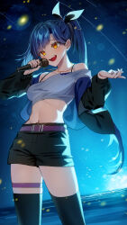 Rule 34 | absurdres, bad id, bad twitter id, bare shoulders, black bow, black jacket, black shorts, black thighhighs, blue hair, blue sky, bow, collarbone, cowboy shot, groin, hair bow, highres, holding, holding microphone, jacket, light, lilpa, microphone, music, navel, ocean, off-shoulder shirt, off shoulder, open clothes, open jacket, open mouth, outdoors, ponytail, shirt, shorts, singing, sky, smile, standing, sugar (dndi888), teeth, thighhighs, thighlet, upper teeth only, virtual youtuber, waktaverse, white shirt