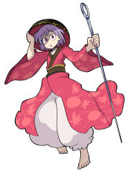 Rule 34 | 1girl, absurdres, black hat, bowl, bowl hat, eddybird55555, hat, highres, japanese clothes, kimono, long sleeves, looking at viewer, needle sword, open mouth, pants, puffy pants, purple hair, red eyes, red kimono, ringed eyes, short hair, simple background, solo, sukuna shinmyoumaru, touhou, vanripper (style), white background, white pants, wide sleeves