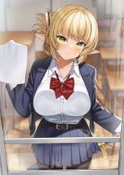 Rule 34 | 1girl, aegis (takunomi), against glass, belt, black jacket, black pantyhose, blonde hair, blue skirt, bow, bowtie, breast press, breasts, breasts on glass, chair, classroom, collarbone, commentary request, desk, dress shirt, elf, enjo kouhai, green eyes, hair ornament, hairclip, head tilt, highres, jacket, large breasts, light blush, long sleeves, looking at viewer, open clothes, open jacket, pantyhose, pleated skirt, pointing, pointing at viewer, pointy ears, red bow, red bowtie, scabbard, school chair, school desk, sheath, shirt, skirt, solo, takunomi, window, wooden floor