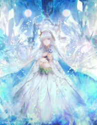Rule 34 | 1girl, anastasia (fate), blue eyes, cape, choker, commentary request, crown, doll, dress, earrings, fate/grand order, fate (series), gem, hairband, holding, holding doll, jewelry, long dress, long hair, long sleeves, looking at viewer, mini crown, parted lips, pendant, royal robe, shutsuri, single earring, solo, standing, twitter username, very long hair, viy (fate), white dress, white hair
