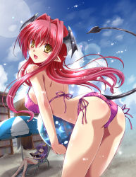 Rule 34 | 2girls, alternate costume, ass, ball, bat wings, beach chair, beach umbrella, beachball, bikini, blush, book, bookshelf, breasts, cloud, covered erect nipples, crescent, crescent hair ornament, day, demon tail, hair ornament, halterneck, head wings, highres, koakuma, large breasts, leaning forward, lens flare, light particles, long hair, looking at viewer, looking back, multiple girls, open book, open mouth, parasol, patchouli knowledge, pointy ears, purple bikini, purple eyes, purple hair, reading, red hair, side-tie bikini bottom, sky, smile, strap gap, string bikini, sunlight, swimsuit, tail, touhou, umbrella, wings, yamu (reverse noise), yellow eyes