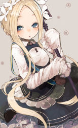 Rule 34 | 1girl, :o, abigail williams (fate), abigail williams (festival outfit) (fate), black dress, blonde hair, blue eyes, blush, braid, butterfly hair ornament, commentary request, dress, eyebrows hidden by hair, fate/grand order, fate (series), forehead, grey background, hair ornament, heroic spirit chaldea park outfit, highres, holding, keyhole, long sleeves, looking at viewer, nyucha, official alternate costume, parted bangs, parted lips, shirt, sidelocks, sleeveless, sleeveless dress, sleeves past fingers, sleeves past wrists, solo, stuffed animal, stuffed toy, teddy bear, white shirt