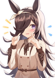 Rule 34 | 1girl, animal ears, bow, brown bow, brown hair, brown jacket, brown ribbon, buttons, casual, commentary request, double-breasted, ear bow, flying sweatdrops, hair over one eye, hairband, highres, horse ears, horse girl, jacket, jyujo niton, long hair, long sleeves, official alternate costume, open mouth, pointing, pointing at self, puffy sleeves, purple eyes, ribbon, rice shower (umamusume), simple background, solo, umamusume, upper body, very long hair, white background, white bow, white hairband