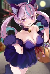 Rule 34 | 1girl, absurdres, ahoge, animal ears, animal hands, aqua hair, armband, bare shoulders, bell, blurry, blurry background, blush, breasts, candy, cat ears, cat paws, choker, cleavage, collarbone, commentary request, curly hair, dress, fake animal ears, fang, food, frilled dress, frills, full moon, fur-trimmed dress, fur-trimmed gloves, fur trim, gloves, hair ribbon, hairband, halloween, halloween bucket, highres, hololive, jingle bell, large breasts, lollipop, long hair, minato aqua, moon, multicolored hair, neck bell, night, night sky, open mouth, outdoors, paw gloves, paw pose, pink eyes, pink hair, pokeeeo o, pom pom (clothes), pumpkin, purple armband, purple choker, purple dress, purple gloves, purple hairband, red ribbon, ribbon, skin fang, sky, sleeveless, sleeveless dress, solo, strapless, strapless dress, streaked hair, thighs, twintails, two-tone hair, virtual youtuber