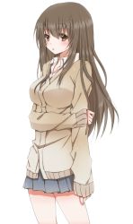 Rule 34 | 1girl, arm at side, bad id, bad pixiv id, blush, breasts, brown eyes, brown hair, cowboy shot, from side, grey skirt, hiro (hirohiro31), large breasts, long hair, long sleeves, looking at viewer, looking to the side, original, parted lips, pleated skirt, simple background, skirt, sleeves past wrists, solo, white background