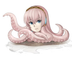 Rule 34 | aimo, blue eyes, closed mouth, crossed bangs, expressionless, glowing, hair between eyes, headphones, headset, long hair, looking at viewer, megurine luka, no humans, pink hair, simple background, takoluka, tentacle hair, tentacles, tsurime, vocaloid, white background