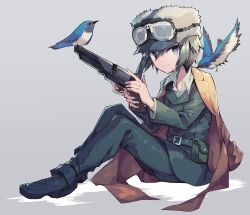 Rule 34 | 1girl, androgynous, aqua eyes, belt, belt pouch, bird, blue-and-white flycatcher, brown coat, coat, coat on shoulders, collared shirt, colt 1851 navy, full body, fur hat, goggles, goggles on headwear, green hair, gun, handgun, hat, holding, holding gun, holding weapon, kino (kino no tabi), kino no tabi, looking at viewer, pouch, revolver, sasa onigiri, shirt, simple background, sitting, smile, solo, ushanka, weapon