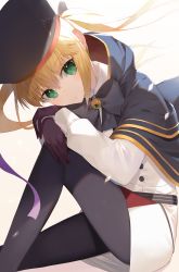 Rule 34 | 1girl, absurdres, artoria caster (fate), artoria caster (second ascension) (fate), artoria pendragon (fate), black gloves, blonde hair, bow, cape, commentary request, fate/grand order, fate (series), feet out of frame, gloves, green eyes, hat, highres, hugging own legs, light blush, long hair, long sleeves, looking at viewer, pantyhose, simple background, sitting, solo, twintails, ugusu24