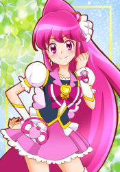 Rule 34 | 1girl, aino megumi, bag, black vest, blouse, blue background, blush, boots, brooch, cure lovely, earrings, hair between eyes, hair ornament, happinesscharge precure!, heart, heart brooch, heart hair ornament, jewelry, looking at viewer, magical girl, pink hair, pink skirt, plant, ponytail, precure, puffy short sleeves, puffy sleeves, shihou rebu, shirt, short sleeves, skirt, smile, solo, thigh boots, vest, watch, white footwear, wide ponytail, wrist guards, wristwatch