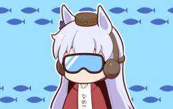 Rule 34 | 1girl, animal ears, blue background, bow, brown hat, chibi, clothes writing, diving mask, ear bow, ear covers, facing viewer, goggles, gold ship (umamusume), gomashio (goma feet), grey hair, hat, horse ears, jacket, long hair, mini hat, open clothes, open jacket, outline, purple bow, red jacket, shirt, simple background, solo, umamusume, white outline, white shirt