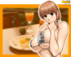 Rule 34 | 1girl, action pizazz, bikini, breasts, brown hair, food, huge breasts, official art, official wallpaper, pixelated, saigado, solo, string bikini, swimsuit, undersized clothes, wallpaper