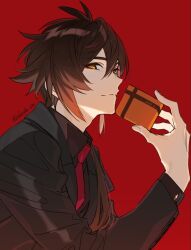 Rule 34 | 1boy, antenna hair, black jacket, box, brown hair, brown shirt, closed mouth, collared jacket, collared shirt, earrings, eyeshadow, fingernails, genshin impact, gradient hair, hair between eyes, hand up, highres, holding, holding box, jacket, jewelry, long hair, long sleeves, looking at viewer, makeup, male focus, multicolored hair, necktie, open clothes, open jacket, orange hair, ponytail, red background, red eyeshadow, red necktie, shirt, simple background, single earring, smile, solo, tassel, tassel earrings, twitter username, upper body, xia (ryugo), yellow eyes, zhongli (genshin impact)