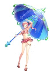 Rule 34 | 1girl, arm up, armpits, breasts, feet, frills, full body, green eyes, groin, happy, highres, legs, long hair, looking at viewer, medium breasts, miniskirt, open mouth, over shoulder, pink hair, ponytail, sandals, skirt, sleeveless, smile, solo, standing, thigh strap, thighs, toes, transparent background, umbrella, unitia