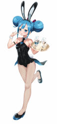 1girl absurdres animal_ears aqua_eyes aqua_hair bare_shoulders bicute_bunnies_miku bicute_bunnies_miku_(kuroboshi) black_leotard bow breasts commentary_request detached_collar double_bun fake_animal_ears fishnet_pantyhose fishnets hair_bow hair_bun hair_ornament hatsune_miku highres leotard looking_at_viewer necktie pantyhose pixiv playboy_bunny rabbit_ears rabbit_tail ricky_(pasta_00) solo tail vocaloid wrist_cuffs