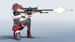 Rule 34 | 10s, 1girl, ai arctic warfare, armor, armored boots, bike shorts, bike shorts under skirt, bipod, blew andwhite, bolt action, boots, brown eyes, brown hair, bullet, closed mouth, corset, explosion, expressionless, firing, full body, gradient background, gun, headgear, highres, kantai collection, kneeling, long sleeves, motion blur, muzzle flash, on one knee, pleated skirt, red skirt, rifle, scope, short hair, shorts, shorts under skirt, simple background, skirt, sniper rifle, solo, taihou (kancolle), thigh boots, thighhighs, weapon, zettai ryouiki
