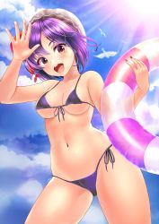 Rule 34 | 1girl, :d, bare arms, bare shoulders, bikini, bird, blue sky, blush, breasts, cloud, collarbone, commentary, cowboy shot, day, front-tie bikini top, front-tie top, hands up, hat, hat ribbon, head tilt, highres, holding, innertube, looking at viewer, medium breasts, mob cap, nail polish, navel, open mouth, outdoors, purple bikini, purple hair, red eyes, red nails, red ribbon, remilia scarlet, ribbon, short hair, side-tie bikini bottom, sky, smile, solo, standing, stomach, sun, swim ring, swimsuit, thighs, touhou, uemura shun, white hat