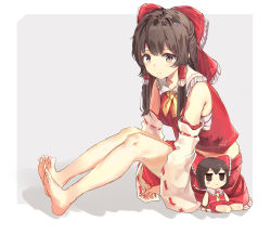 Rule 34 | 1girl, bare legs, bare shoulders, barefoot, black hair, bow, brown eyes, character doll, commentary, detached sleeves, feet, frilled bow, frills, fumo (doll), hair bow, hair tubes, hakurei reimu, highres, jsscj, long hair, long sleeves, midriff peek, miniskirt, red bow, red skirt, sarashi, skirt, skirt set, soles, solo, toes, touhou