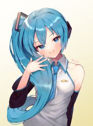 Rule 34 | 1girl, arm at side, bare shoulders, black sleeves, blue eyes, blush, breasts, detached sleeves, gradient background, green hair, green nails, green necktie, hair ornament, hand up, hatsune miku, highres, long hair, medium breasts, nail polish, necktie, official alternate hairstyle, shirt, side ponytail, smile, solo, upper body, vocaloid, white shirt, yugo (yuno65)