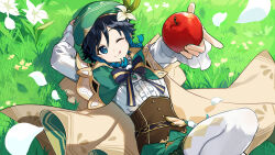 1boy ;q apple aqua_eyes arisuke_(natuyan) arm_behind_head arm_up beret black_bow black_bowtie black_hair blue_hair bow bowtie braid brown_corset buttons cape capelet center_frills closed_mouth collared_capelet commentary_request corset day falling_petals flower food frilled_sleeves frills fruit gem genshin_impact gradient_hair grass green_cape green_capelet green_hat green_shorts hair_between_eyes hair_flower hair_ornament hat highres holding holding_food holding_fruit knee_up long_sleeves looking_at_viewer lying male_focus medium_hair multicolored_hair on_back on_grass one_eye_closed outdoors pantyhose parted_bangs petals pom_pom_(clothes) shirt shorts side_braids smile solo tongue tongue_out twin_braids two-sided_cape two-sided_fabric venti_(genshin_impact) vision_(genshin_impact) white_flower white_pantyhose white_shirt yellow_flower