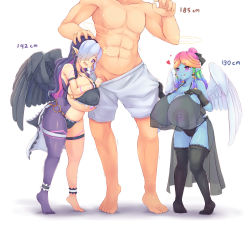 Rule 34 | 1boy, 2girls, :q, aiassis, alien, angel, angel wings, artist request, assisted exposure, barefoot, bikini, black bikini, black gloves, black legwear, black panties, black wings, blue skin, blush, braid, breasts, cleavage, colored skin, commission, commissioner upload, double halo, eonbound, female pervert, frilled bikini, frills, full body, gloves, hair over one eye, halo, hand on another&#039;s head, happy, happy sex, head out of frame, heart, height, height difference, highres, huge breasts, interspecies, large areolae, licking lips, long hair, looking at penis, male underwear, male underwear pull, mature female, multicolored hair, multicolored skin, multiple girls, muscular, nipples, no bra, o-ring, o-ring bikini, o-ring bottom, o-ring top, open mouth, panties, penis awe, pervert, phessian, pigeon-toed, pink hair, pointy ears, puffy nipples, purple eyes, purple hair, purple skin, rainbow hair, see-through, shadow, side braid, sideboob, simple background, size difference, skindentation, smile, standing, swimsuit, tattoo, thick eyebrows, thigh strap, thighhighs, tiptoes, tongue, tongue out, two-tone hair, two-tone skin, underboob, underwear, white background, wings, xaessya