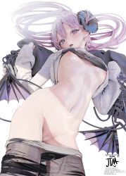 Rule 34 | absurdres, bra, breasts, cleft of venus, clothes lift, hair ornament, highres, horns, iijima masashi, long sleeves, midriff, navel, nipples, open mouth, panties, panty pull, pantyhose, pussy, shirt lift, small breasts, standing, stomach, tagme, tail, teeth, uncensored, underboob, underwear, wings