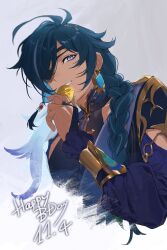 Rule 34 | 1boy, antenna hair, black shirt, blue eyes, blue hair, braid, bridal gauntlets, coin, collarbone, commentary request, covered collarbone, dark-skinned male, dark skin, dated, earrings, eyepatch, frilled sleeves, frills, genshin impact, gold trim, grey background, grin, hair over shoulder, hand up, happy birthday, highres, holding, holding coin, jewelry, kaeya (genshin impact), kaeya (sailwind shadow) (genshin impact), long hair, long sleeves, looking at viewer, male focus, mora (genshin impact), multicolored hair, official alternate costume, one eye covered, parted bangs, puffy long sleeves, puffy sleeves, sachico66, shirt, sidelocks, simple background, single braid, single earring, sleeveless, sleeveless shirt, smile, solo, streaked hair, swept bangs, upper body