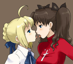 Rule 34 | 2girls, abe jun, ahoge, artoria pendragon (all), artoria pendragon (fate), bad id, bad pixiv id, black hair, blonde hair, blue eyes, brown background, eye contact, face-to-face, fate/stay night, fate (series), female focus, imminent kiss, looking at another, multiple girls, profile, saber (fate), simple background, tohsaka rin, tongue, tongue out, twintails, yuri