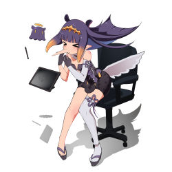 Rule 34 | &gt; &lt;, 1girl, chair, drawing tablet, flat chest, flower knot, fur-trimmed collar, fur collar, fur trim, halo, highres, hololive, hololive english, low wings, mini wings, nano (nanojyaa), ninomae ina&#039;nis, ninomae ina&#039;nis (1st costume), office chair, okobo, pointy ears, purple hair, sandals, shadow, simple background, sneezing, stylus, swivel chair, takodachi (ninomae ina&#039;nis), tentacle hair, virtual youtuber, white background, wings