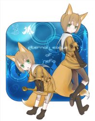 Rule 34 | 2boys, :o, ahoge, androgynous, animal ears, ankle boots, aqua eyes, bad id, bad pixiv id, bent over, black footwear, blush, boots, brown hair, buttons, capri pants, character name, closed mouth, coat, colored eyelashes, commentary request, copyright name, elona, elona+, eyebrows, eyelashes, eyes visible through hair, facing away, fox brother (elona), fox ears, fox tail, frown, full body, grey pants, hair between eyes, holding, holding staff, leaning, leaning forward, leg up, legs apart, long sleeves, mizore milk, multiple boys, open mouth, orange coat, pale skin, pants, platform footwear, sailor collar, short hair, short sleeves, sleeves past wrists, staff, standing, tail, tareme, teeth, text focus, thick eyebrows, tongue, white pants