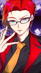 Rule 34 | 1boy, absurdres, alternate costume, alternate hairstyle, aqua eyes, bespectacled, black-framed eyewear, black jacket, black shirt, collared shirt, comb over, glasses, hand up, highres, hizaki gamma, hizaki gamma (artist), holostars, jacket, lapels, looking at viewer, male focus, multicolored hair, necktie, notched lapels, orange hair, orange necktie, outline, parted lips, purple background, raised eyebrows, red hair, shirt, short hair, solo, streaked hair, two-tone hair, upper body, virtual youtuber, white outline