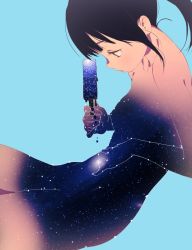 Rule 34 | 1girl, bad id, bad twitter id, blue background, dripping, food, hand on own stomach, looking down, nipples, original, ponytail, popsicle, profile, senjitsu musou, simple background, sitting, space, star (symbol)