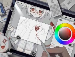 Rule 34 | 1girl, absurdres, artist request, closed mouth, coat, collared shirt, corded phone, cowboy shot, drawing (action), eraser, fingernails, fumo (doll), hair ribbon, hat, heart, highres, holding, holding phone, holding stylus, lab coat, light frown, long sleeves, name tag, non-web source, nurse cap, original, partially colored, phone, pinstripe pattern, pinstripe shirt, procreate (software), red ribbon, revealing layer, ribbon, shirt, short hair, shorts, sketch, solo, source request, stylus, tearing up, white coat, white hair, white shorts