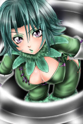 Rule 34 | 1041 (toshikazu), 1girl, aqua hair, bent over, breasts, chakram, cleavage, cleavage cutout, clothing cutout, cowboy shot, eiserne drossel (weapon), eyeshadow, feathers, green hair, green lips, hanging breasts, huge weapon, large breasts, lipstick, looking at viewer, makeup, pants, parted lips, purple eyes, ring blade, short hair, solo, soul calibur, soulcalibur, soulcalibur iii, tira (soulcalibur), weapon