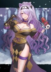 Rule 34 | 1girl, absurdres, bare shoulders, breasts, camilla (fire emblem), camilla (ninja) (fire emblem), cleavage, commission, commissioner upload, fingerless gloves, fire emblem, fire emblem fates, fire emblem heroes, fishnet thighhighs, fishnets, flower, gauntlets, gloves, hair over one eye, highres, holding, holding scroll, japanese clothes, kimono, kunai, kuzunue, large breasts, long hair, ninja, nintendo, non-web source, obi, official alternate costume, official alternate hairstyle, purple eyes, purple hair, purple nails, red flower, rose, sash, scroll, skeb commission, solo, thighhighs, wavy hair, weapon