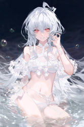 Rule 34 | 1girl, ahoge, arlizi, bare shoulders, bikini, breasts, fate/grand order, fate/prototype, fate (series), frilled bikini, frills, grin, highres, lady avalon (fate), lady avalon (second ascension) (fate), long hair, looking at viewer, medium breasts, merlin (fate/prototype), navel, red eyes, sitting, smile, solo, swimsuit, thighs, very long hair, water, white bikini, white hair
