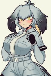 Rule 34 | 1girl, alternate color, antenna hair, belt, bird tail, black gloves, black hair, blonde hair, breast pocket, breasts, brown hair, closed mouth, collared shirt, expressionless, fingerless gloves, gloves, grey hair, grey shirt, grey shorts, hair between eyes, hand on own chest, hands up, highres, huge breasts, impossible clothes, impossible shirt, kama astor, kemono friends, layered sleeves, long sleeves, looking at viewer, medium hair, multicolored hair, necktie, pocket, shirt, shoebill (kemono friends), short over long sleeves, short sleeves, shorts, side ponytail, simple background, solo, tail, upper body, white background, white necktie, wing collar, yellow eyes